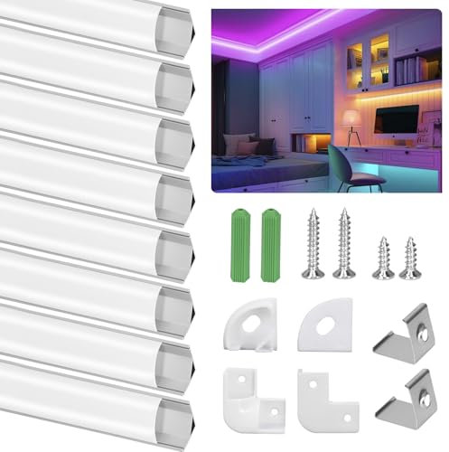 Profile Aluminium LED Angle 45°, 8 x 1M/3.3ft V-Shape avec Couvercle Blanc laiteux Transparent, Embouts et Clips de Montage en Métal, Compact et facile à couper et à installer pour Ruban LED (Argent)