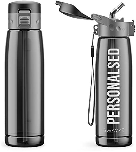 Personalised Water Bottle With Straw 660ml, School Water Bottles Boys Girls, Gym Bottle Bpa Free Cycling Sports Add Your Custom Text To Bottle (Black)