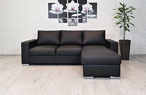 Quattro Meble Schwarzes Echtleder Ecksofa Mallorca 245 x 170 cm Sofa Couch mit Bettfunktion und Bettkasten Echt Leder Eckcouch Leder Sofa Ledercouch (Ecke Rechts 245 x 164 cm)