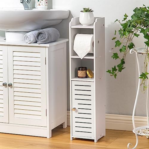 AOJEZOR Toilet Paper Holder Stand: Bathroom Storage Cabinet Beside Toilet for Small Space Bathroom with Toilet Roll Holder - White