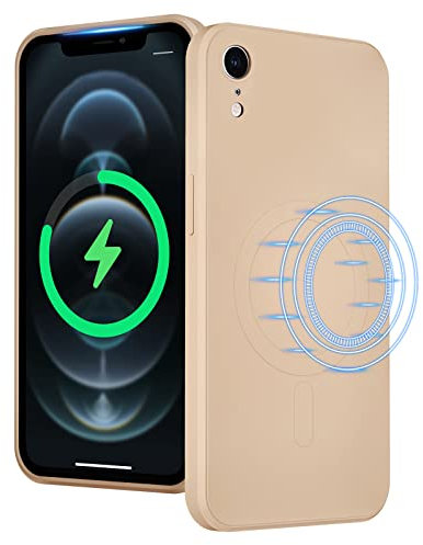 UEEBAI Liquid Silicone Wireless Charging Phone Case For iPhone XR, Built-in Magnets Compatible with MagSafe Faster Charging Slim Fit Soft Microfiber Cover - Khaki