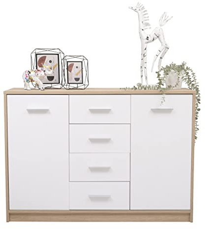 Homely - Mueble aparador KENTO | Diseño Moderno, Diseño Nórdico | 4 cajones + 2 Huecos con baldas Laterales | Aparador para Comedor, Salón, Cocina | 118,5x34x84 cm | Color cambrián y Blanco