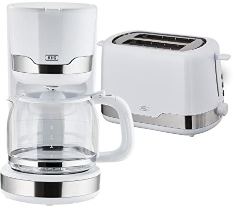 KHG Kaffeemaschine und Toaster Set 2-teilig in weiß, 1.000 & 850 Watt, Frühstücksset mit Kapazität 1,5 Liter & 2 Scheiben Toast, Küchenset mit Permanentfilter & Krümmelauffang