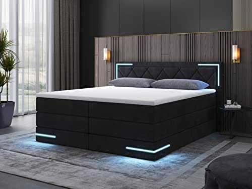 wonello Boxspringbett 180x200 mit Bettkasten und LED-Beleuchtung - gemütliches Bett mit LED Beleuchtung - Stauraumbett 180 x 200 cm mit Matratze und Topper - schwarz Samt-Stoff