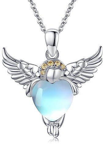 Schutzengel Kette 925 Sterling Silber Mondstein Anhänger Halskette Engelsflügel Kette Schutzengel Taufkette Mondstein Schmuck Geschenke für Damen Mädchen Kinder