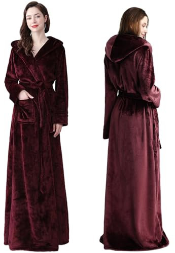 Oksun Womens Long Dressing Gown Robe Full Length Ladies Fluffy Plus Size Fleece Hooded Winter Warm Bathrobe (Red,L)