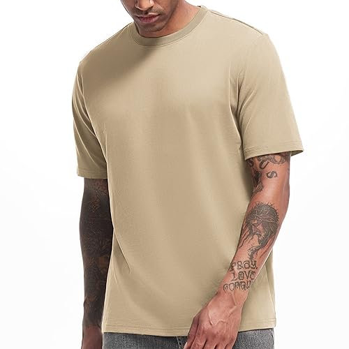 VEIISAR Herren Dickes Rundhals T-Shirt Herren Hochwertiges Baumwoll Schwergewicht T-Shirt mit Anti-Schrumpfung(T2 Khaki XL)