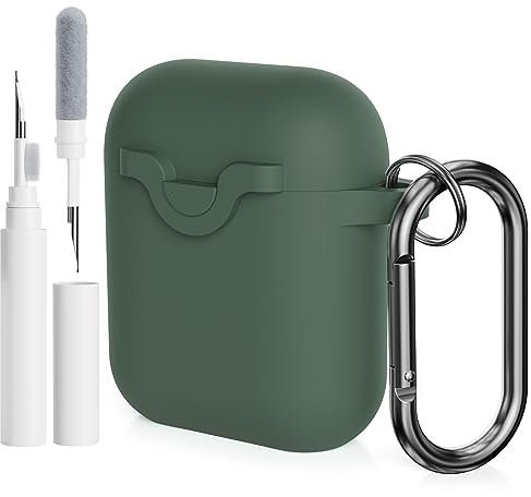 AOTUAO Compatible with AirPods 2&1 Case Cover with Cleaner Kit, Shock-Resistant Protective Silicone Case Cover for AirPods 2nd & 1st Generation With Snap Switch and Carabiner, Pine Green