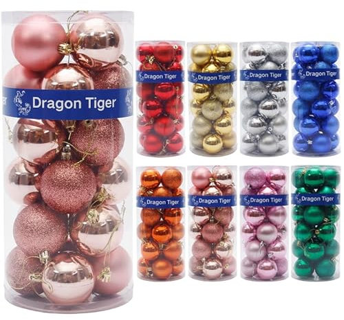 Dragon Tiger 24 Weihnachtskugeln, Ornamente für Weihnachtsbaum, bruchsichere Hängekugeln für Geburtstag, Valentinstag, Hochzeit, Party, Dekorationen (6 cm - 6 cm, Roségold)