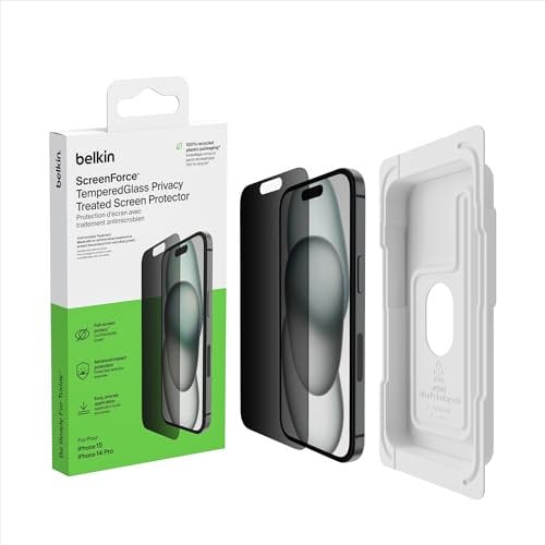 Belkin ScreenForce TemperedGlass - Protector de pantalla antimicrobiano para iPhone 15 y iPhone 14 Pro, fino y resistente a los arañazos, incluye funda de posicionamiento para aplicación sin burbujas