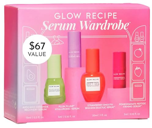 Glow Recipe - Hautpflegeset in Reisegröße mit Serum: Avocado Ceramid Serum + AHA BHA Soft Erdbeere Serum + Pflaumenserum