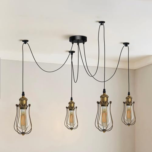 LEDSone 4 Head Spider Light with 2m Adjustable Cables with bulb | 2-in-1 Desing Vintage Industrial Metal Cage Ceiling Hanging & Wall Pendant Lamp Fixture for Living Room, Kitchen, Bar, Café