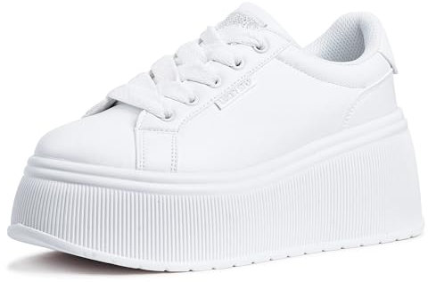 LUCKY STEP Zapatillas de Moda para Mujer con Plataforma | Zapatos Clásicos con Cuña de Lona Casual Bajas Retro para Caminar (Blanco, 9US-40EU-7UK)