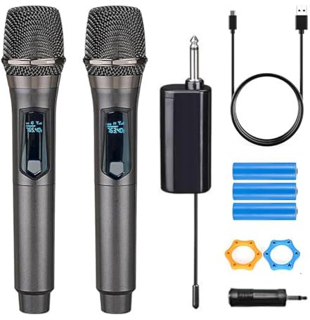 HUACAM microfono wireless doppio UHF ricaricabile, doppio microfono wireless dinamico portatile per canto karaoke, matrimonio, DJ, festa, discorso, chiesa, uso in classe,