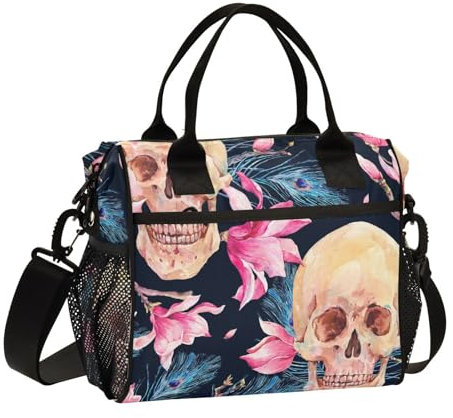 Mnsruu Lonchera térmica con diseño de calavera, flor de magnolia rosa, lonchera negra para mujer, bolsa térmica reutilizable con correa para el hombro, trabajo, escuela, picnic