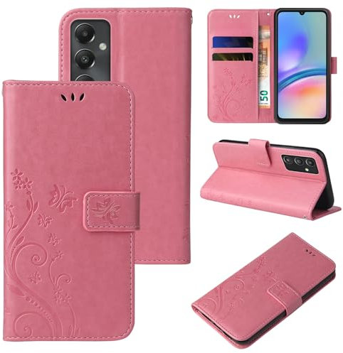 LBH Handy Hülle für Samsung Galaxy A05s Case Handytasche Schmetterling Blumen Flower Standfunktion Schutzhülle Magnet Rundum Schutz 360 Grad Flipcase Cover Rosegold
