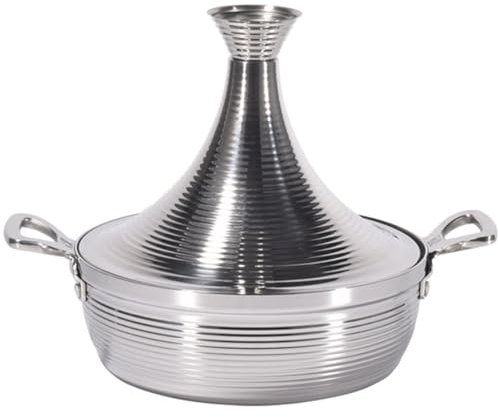 QTQHOME Moroccan Tagine Cooking Pot,Stainless Steel Non Stick Moroccan Casserole with 2 Handles,Large Moroccan Cooker Handmade Tagine Pot with Cone-Shaped Lid(24cm, Silver)