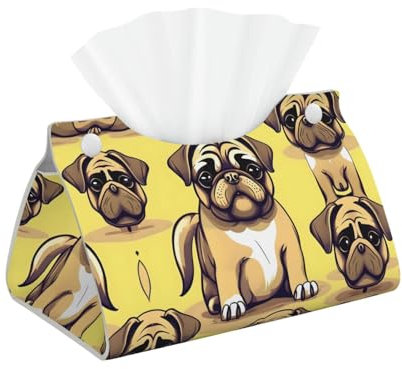 Lustige Taschentuchbox aus Leder, Motiv: Mops, Welpe, Hund, kreativ, wasserdicht, elegantes rechteckiges Design für Zuhause und Auto, leichte Taschentuchbox
