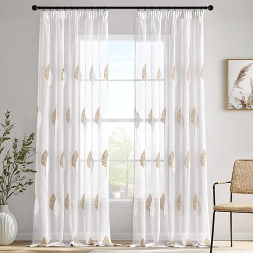 MIULEE Gardinen Vorhänge mit Kräuselband, Vorhang Wohnzimmer Braun und Weiß Blätter Muster, Schöne Stickerei Gardine 2er Set Modern Schlafzimmer Fenster H 245 X B 140 cm