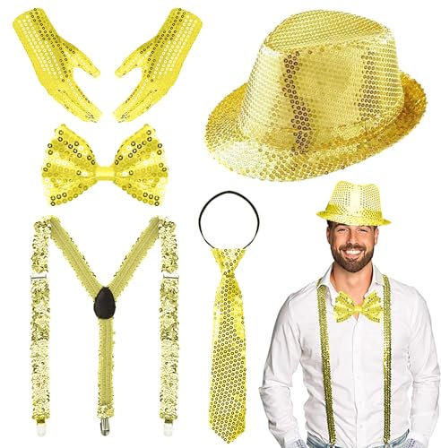 Glitzer Outfit Herren,Glitzer Accessoires Herren,Glitzer Kostüm Herre,mit Pailletten Hosenträger,Pailletten Fliege,krawatte,Handschuhe,Pailletten Kostüm Gold für Fasching Party Dance Performance