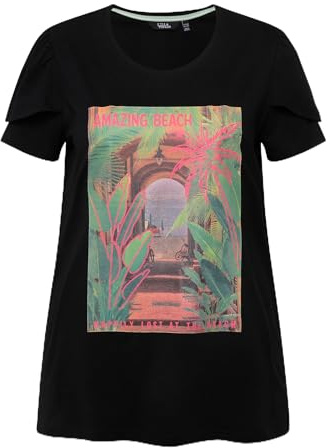Ulla Popken Damen große Größen Übergrößen Plus Size T-Shirt, bedruckt, A-Linie, Rundhals, Halbarm schwarz 46+ 829532100-46+