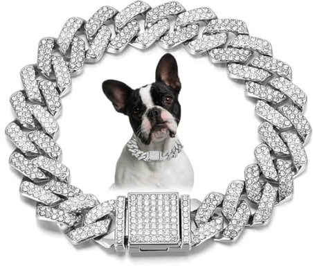 Hundehalsband mit silberfarbener Kette, glitzernde Diamanten, kubanische Glieder-Hundehalsband, glitzernd, für kleine, mittelgroße und große Haustiere, 45,7 cm
