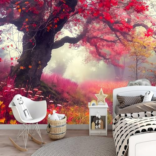 Papier Peint Panoramique Brouillard Automne Forêt, 250 x 175 cm Papier Peint Intissé Feuilles Rouges Fleurs Sauvages Et Arbres Personnalisé Photo Murale pour Salon Chambre d'enfants Décoration Murale
