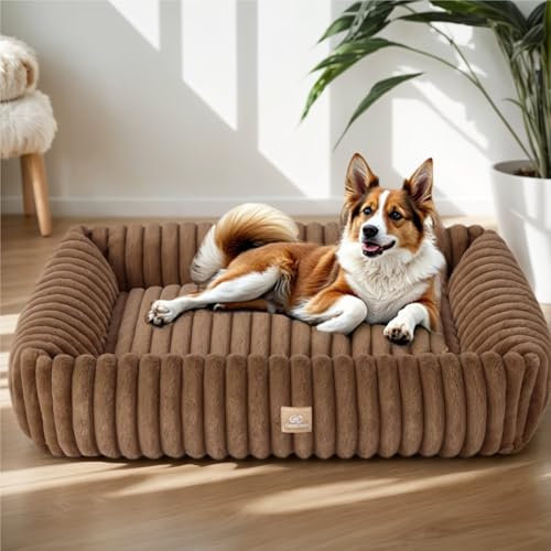 CareCooo Flauschiges Hundebett Große Hunde, Waschbar Abnehmbar, Rechteckig, rutschfest & Komfortabel, Hundekörbchen, Hundekissen, Hundesofa für Große Rassen, Braun, L(92x69x20cm)