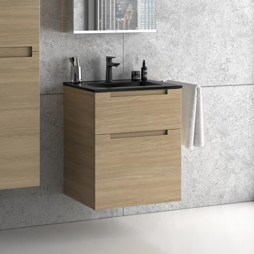 Zentrobad Premium Waschbecken mit Unterschrank 60 cm Waschtisch Badmöbel Badezimmer Schrank Badschrank mit Zwei Schubladen (Eiche Natur)