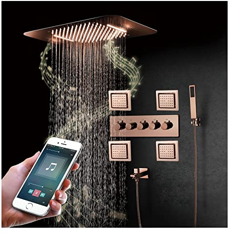 DRFGNF Music 64 Colors LED Shower Combo Set Thermostatic Rose Gold Bathroom Shower Faucet Set with Shower Head, Handheld Shower, Body Jets, Bathtub Faucet,Remote Control