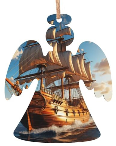 Antiker Weihnachtsbaumschmuck aus Holz mit Segelboot