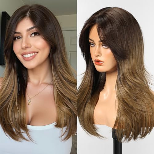 WOKESTAR Natürliche Lange Perücken für Frauen mit Fransen Synthetische Hitzebeständige Haare Ombre Braun Perücke für Tägliche Party Cosplay Verwendung