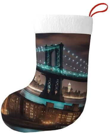 UVBDF New York Manhattan Bridge Night Weihnachtsstrümpfe, traditionelle Weihnachtsstrümpfe für den Kamin für Weihnachtsferien, 1 Stück