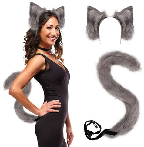 Epokus Plüsch Katze Ohren und Katzenschwanz Set, Katzenohren Haarreif, Katzenkostüm Damen Fuchs Kostüm, für Erwachsene Fasching Karneval Halloween Mottoparty Cosplay Catwoman Frauen (Grau)