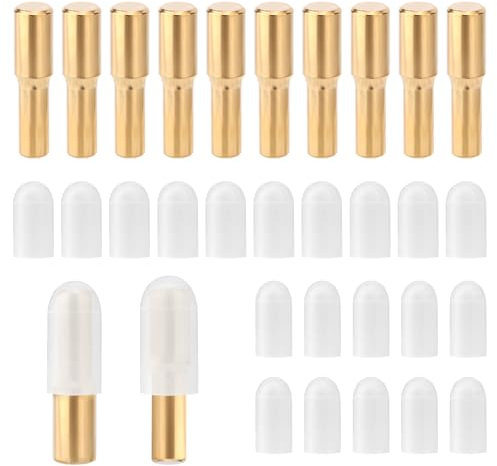 10 Stück Regalstifte, 5 mm 1/4 Zoll Regalstifte aus Messing mit 20 Rutschfesten Silikonabdeckungen Bücherregalstifte Schrankregalstifte für Bücherregale Holz- Glasplatten