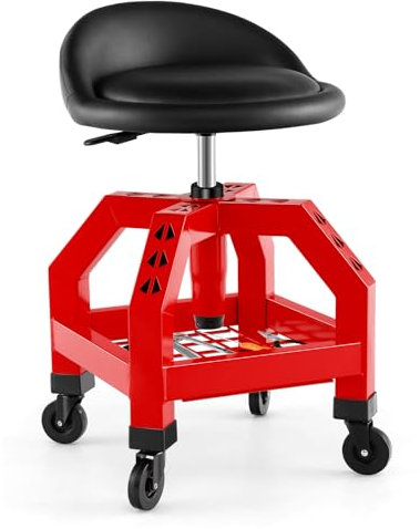 COSTWAY Werkstatthocker Höhenverstellbar, Werkstatt Rollhocker 150 kg Tragkraft mit Werkzeugablage, Werkstattstuhl Rollsitz für Fabrik, Garage, Werkstatt (Rot)