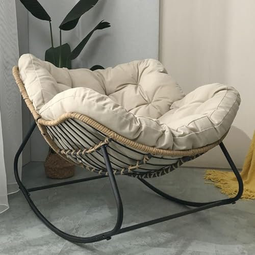 Patio Rocking Chair Outdoor Papasan Chair with Cushion Padded, Indoor Oversized Rattan Wicker Lounge Chair, Egg Rocking Chair Rocker Chair Metal Frame Large Supports Modern Chair (Beige)