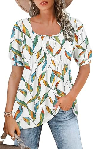 WNEEDU Ladies Tops Square Neck T Shirts for Women UK Summer Puff Short Sleeve Blouses Pleated Tunic Tshirts Flowy Elegant Casual Tee Blue Yellow Dye Leaf XXL