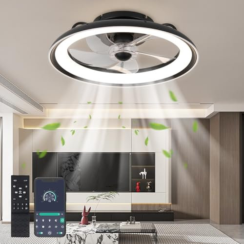UVWHYZ Schwarzer Deckenventilator mit Beleuchtung (48cm) | Leise, 6 Geschwindigkeiten + Timer | LED Deckenlampe mit Fernbedienung & APP | Dimmbar 3000K-6500K | Für Schlafzimmer/Wohnzimmer