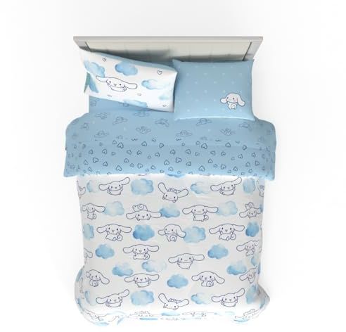 Franco, Cinnamoroll - Set di biancheria da letto con copripiumino reversibile e lenzuola, 7 pezzi, super morbida, confortevole, con federa, per letto queen size (100% prodotto con licenza ufficiale)