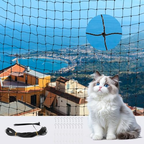 Katzennetz für Balkon, 3x4m katzennetz balkon ohne bohren, Katzennetz Drahtverstärkt, Katzenschutz Fenster, Katzenschutznetz, Balkonnetz mit Befestigungsseil und Zubehör, für Balkone/Terrassen