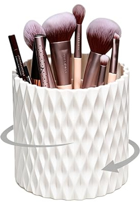 VASANA Organizador de brochas de maquillaje de plástico blanco, 5 ranuras, 360 grados, giratorio, redondo, para almacenamiento de cosméticos, escritorio, baño, tocador, herramienta de belleza para