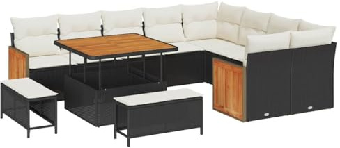 vidaXL Großes Winkelsitzset mit Kissen | UV-beständiges Poly-Rattan und Akazie 5-Sitzer modernes Outdoor-Sitzmöbel mit verstellbarem Couchtisch, perfekt für Gärten, Terrassen und Balkone.