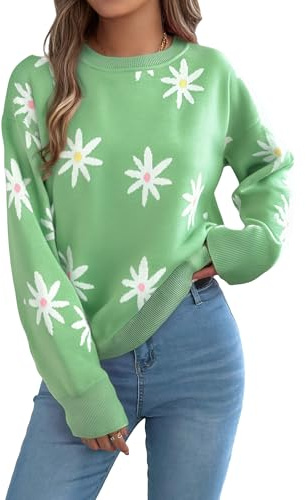 Sweaters for Women Floral Print Pullover Top Knit Sweater Crewneck Long Sleeve Shirts Cute Fall Winter Outfits, Green, XXL