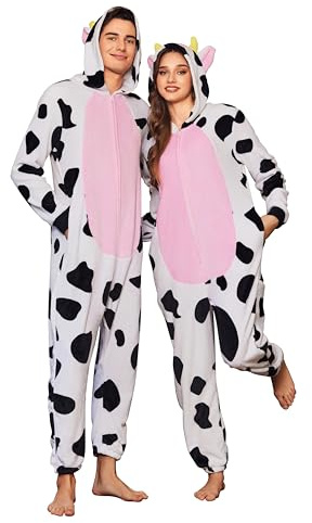 Ekouaer Tuta Intera con Cerniera e Cappuccio, Divertente Pigiama in Pile per Carnevale, Halloween, Cosplay (Uomo, Donna, Unisex), Mucca, L