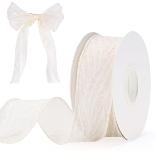 G2PLUS Cremeweiß Organzaband mit Falten: 4cm Schleifenband Exquisit | 9M Transparent Dekoband für Hochzeit Geburtstag Neugeborenenpartyg DIY Basteln Deko