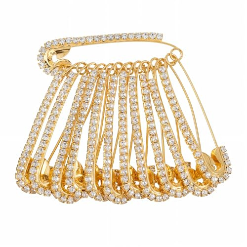 12 Stück Sicherheitsnadeln Groß, Strass Verzierter Sicherheitsnadeln, Große Goldene Kristall Dekorative Brosche für Damen Kleidung Röcke Pullover Schal Revers Hut Accessoires