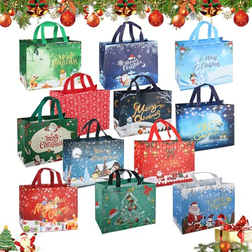 12 Stück Geschenktüten Weihnachten,31.5 x 25 x 17 cm Geschenktaschen Weihnachten,Weihnachtstaschen,Weihnachts Geschenktüten,Weihnachtstüten mit Griffen,Wiederverwendbare Weihnachtsgeschenktüten