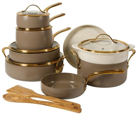 Bloomhouse - Two Time Oprah's Favorite Things Winner - 15 Piece Pots and Pans Heavy Duty Aluminum Premium PFA Free Ceramic Nonstick Dutch Oven Pot with Lid - Cappuccino Cream with Gold Handle
