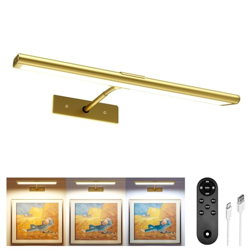 EZVALO Picture Lights for wall, Rechargeable Picture Light with Remote, Dimmable & 3 Color Temps, 180° Adjustable Magnetic Wall Lights for Dartboard Frame Gallery (1 Pack, Gold)